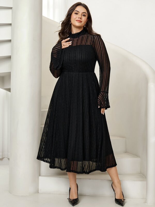 Comfylo Plus Mock Neck Flounce Sleeve Mesh Dress