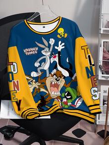 LOONEY TUNES X SHEIN Plus Cartoon & Letter Graphic Striped Trim Drop Shoulder Sweatshirt Fall - White - View 3