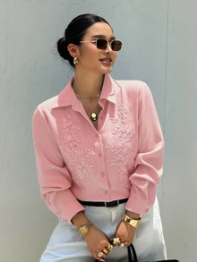 Dazy Plus Loose Casual Patchwork Embroidered Floral Pattern Elegant Fun Commute Spring Summer Autumn New Long Sleeve Blue Shirt Vacation - Pink - View 2