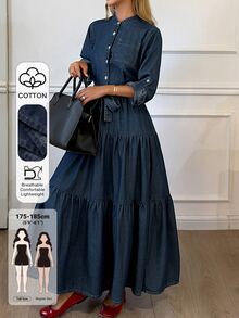 Livesso Tall Women's Long Sleeve Cinched Cinched Waist Front Long Denim Dress With Small Stand Collar Fall - Dark Wash - View 1