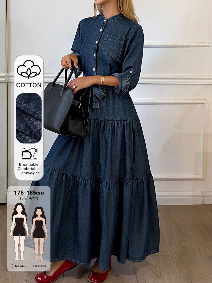 Livesso Tall Women's Long Sleeve Cinched Cinched Waist Front Long Denim Dress With Small Stand Collar Fall - Dark Wash - View 1