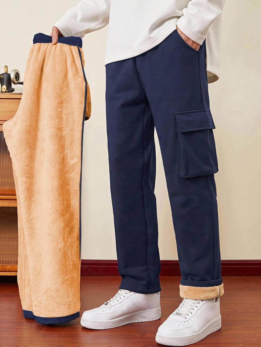 SHEIN 青少年男孩休閒百搭保暖內裡加厚工裝褲,百搭下身褲,適合秋冬、學校、家庭聚會、度假、派對,秋季穿搭,冬季穿搭 - 藍色 - 查看 1