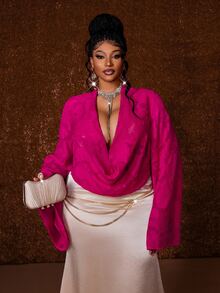 Maweii Plus Draped Collar Trumpet Sleeve Blouse - Hot Pink - View 1