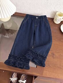 SHEIN Jeans de pierna ancha con volantes para niñas - Azul lavado oscuro - Ver 4