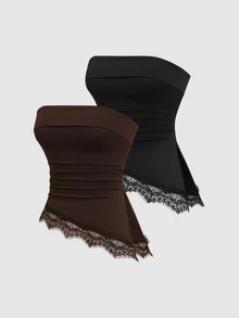 Sweetra 2pcs Lace Trim Ruched Tube Top - Multicolor - View 1