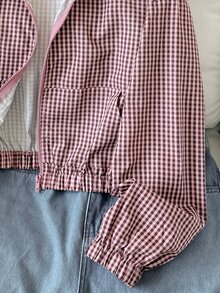 SHEIN 青少年女孩格紋印花落肩夾克 - 紅色 - 查看 7