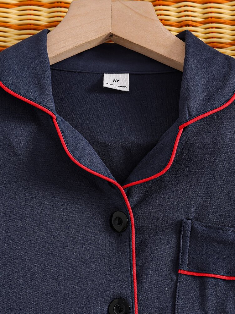 Tween Boy Contrast Piping PJ Set - Navy Blue - View 5