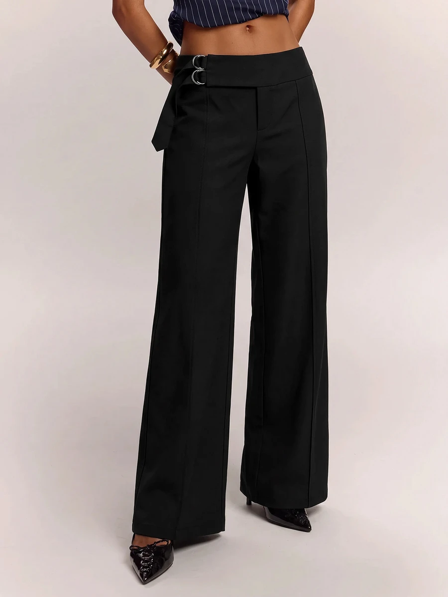 SHEIN BAE Celana Panjang Model Lebar dengan Detail Cincin Solid untuk Jas Kantor Bisnis Warna Hitam Musim Panas Kasual Elegan - Hitam - View 1