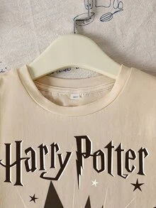 HARRY POTTER X SHEIN 青少年男孩萬聖節卡通貓頭鷹字母圖案短袖T恤 - 卡其色 - 查看 3