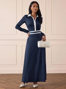 Lilora Gaun Berkerah V dengan Trim Kontras dan Sabuk - Navy Blue - View 5