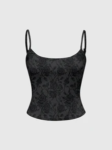 ROMWE Goth Allover Floral Print Slim Fit Cami Top - Black - View 1