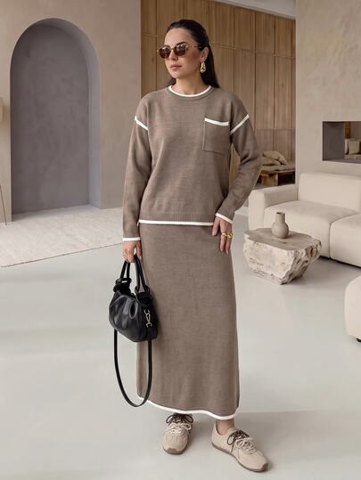 Mulvari Autumn/Winter New Slouchy Contrast Trim Semi-High Neck Pullover Knit Top & Elastic Waist Bodycon Sweater Set 2 Pieces