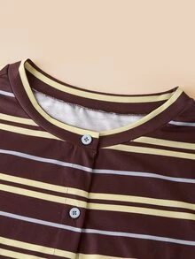 Elaquor Plus Size Striped Colorblock Single-Breasted Long Sleeve T-Shirt - Multicolor - View 4
