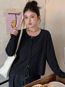 Dazy Plus 女童小圓點圓領鈕扣開襟長袖休閒針織外套，春夏/秋冬可愛上衣 - 黑色 - 查看 4