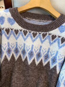 GlowEve CURVE Women's Autumn New Single Piece Round Neck Jacquard Pattern Coffee Brown Regular Fit Everyday Versatile Fashion Commute Knit Pullover Long Sleeve Plus Size Sweater - Coffee Brown - View 6