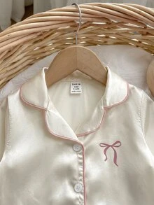 SHEIN 女嬰蝴蝶結前襟對比包邊荷葉邊睡衣套裝 - 米色 - 查看 7