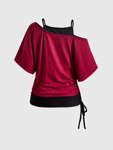 ROMWE Grunge Punk Letter Graphic Asymmetrical Neck Drawstring Side 2 In 1 Tee - Burgundy - View 2