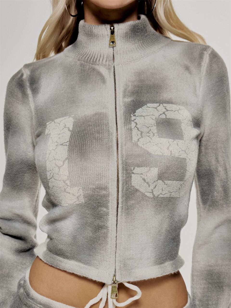 Graphic Print Front Distressed Washed Zip Through Coord Jumper