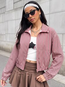 SHEIN 青少年女孩格紋印花落肩夾克 - 紅色 - 查看 9