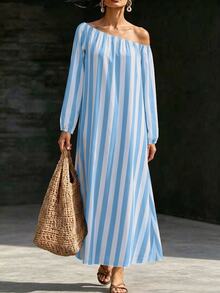 Breezaya Striped Print Asymmetrical Shoulder Dress - Blue and White - View 3