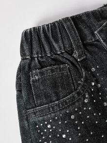 SHEIN Elladie kids 少女彈性腰保暖內裡牛仔褲 - 黑色 - 查看 8