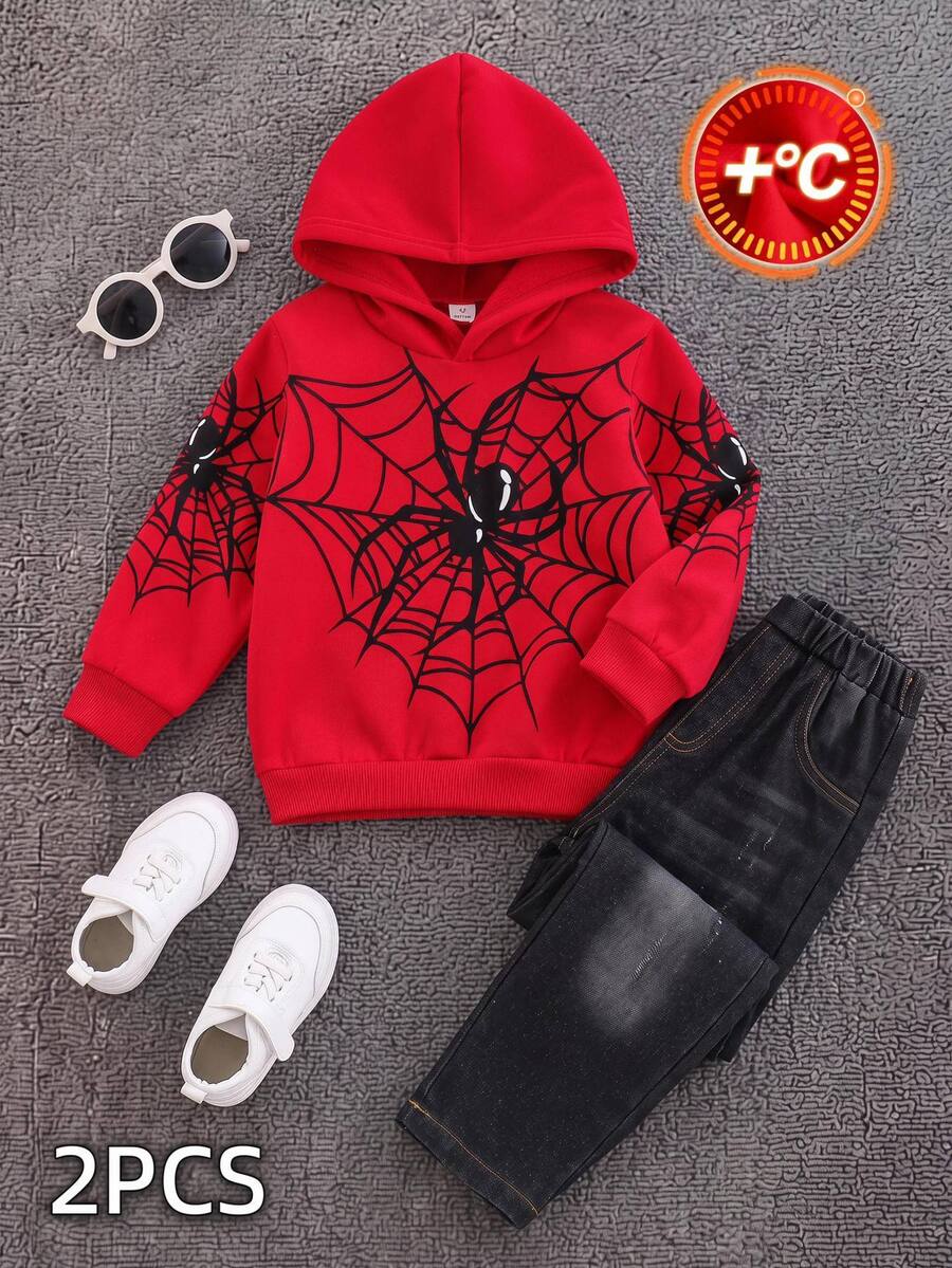 SHEIN Young Boy Spider Web Print Hoodie & Cat Scratch Jeans - Multicolor - View 1