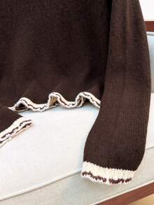 Muvela Contrast Trim Drop Shoulder Sweater Brunch Daily Brown And Cream Autumn Minimalist Casual - Brown - View 3