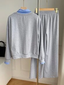 Comfortcana Contrast Collar 2 In 1 Top & Pants With Tie - Light Grey - View 2