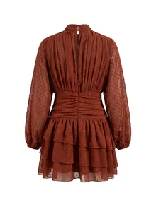 Lavishia Batwing Sleeve Ruffle Romantic Dress, Suitable For Date Occasions - Brown - View 2