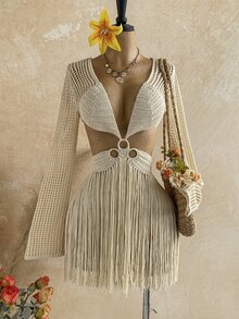 Soleia Women's Hollow Out Sexy Tassel Hem Long Sleeve Sweater Dress - Apricot - View 1
