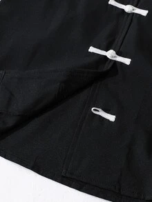 SHEIN 兒童青少年男孩新款中式青蛙鈕扣襯衫，休閒立領黑色上衣，基礎款，適合秋冬、學校、家庭聚會、度假、派對，秋季穿搭，冬季穿搭 - 黑色 - 查看 4