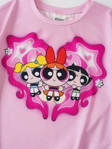 THE POWERPUFF GIRLS X SHEIN Tween Girl Cartoon Print Round Neck T-Shirt And Loose Pants Set - Pink - View 4