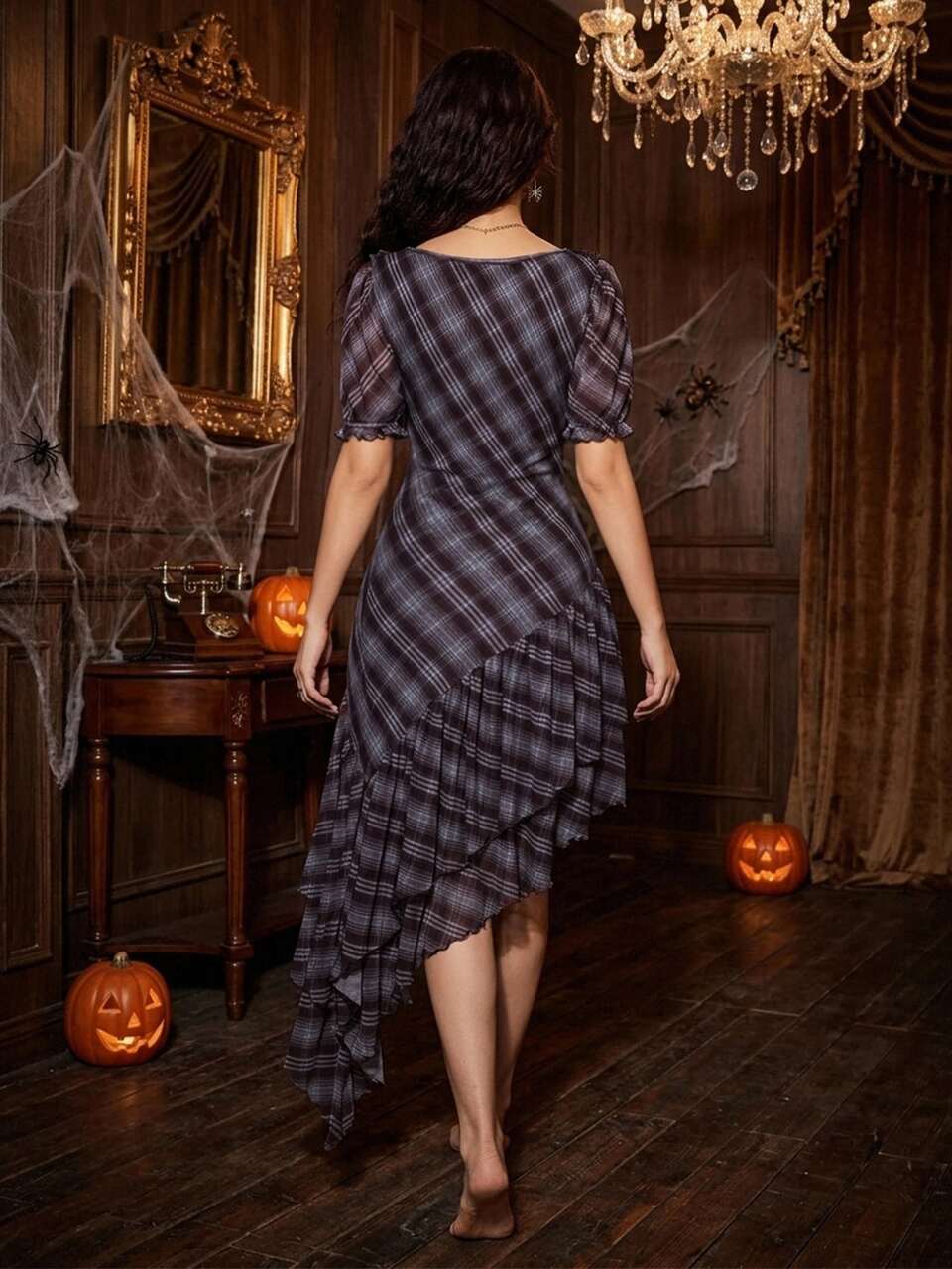 Plaid Print Ruffle Hem Sleep Dress