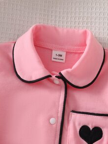 SHEIN Newborn Baby Embroidery Heart Pattern Contrast Piping Pajama Jumpsuit - Pink - View 6