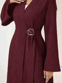 Veilorie Solid Metal Buckle Belted Abaya - Burgundy - View 1