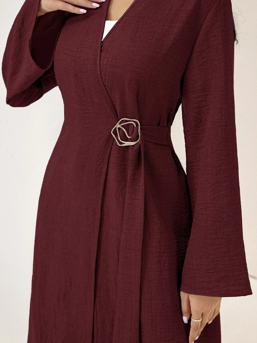 Veilorie Solid Metal Buckle Belted Abaya - Burgundy - View 1