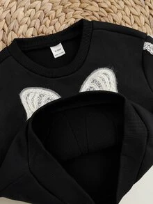 SHEIN Baby Girl Bow Patchwork Front Contrast Lace Pullover Sweatshirt & Sweatpants Set - Black - View 5