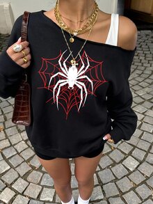 Muchica Spider Print Asymmetrical Neck Drop Shoulder Sweatshirt - Black - View 1