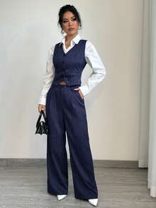 Elenzga Striped Print Waistcoat & Wide Leg Pants - Blue - View 1