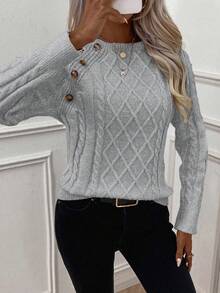 EMERY ROSE Suéter de punto de cable con detalle de botones y manga raglán - Gris Claro - Ver 3