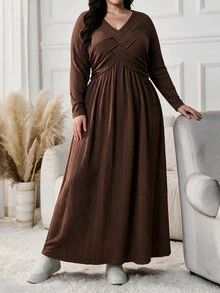 Lacomfia Plus Size V Neck Wrap Long Sleeve Dress, Textured Knit Brown A-Line Fall Dress, Casual Modest Dress For Daily Wear, Autumn Gathering - Brown - View 6