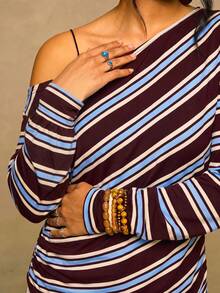 Freevana Plus Striped Print Asymmetrical Neck Tee - Multicolor - View 5
