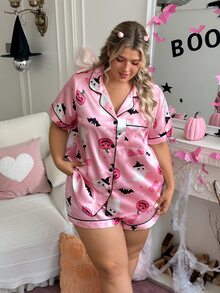 Slumberry CURVE Sweet & Cute Halloween Print Short Sleeve & Shorts Satin Plus Size Pajama Set - Multicolor - View 1