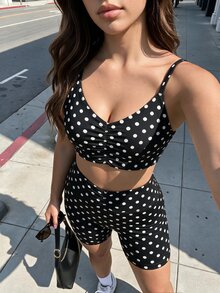 SHEIN Sports Sporty Fashion Polka Dot Set With Removable Padded Bra, Ruched Waist, Slim Fit High-Elastic Butt-Lifting Shorts - Black and White - View 4
