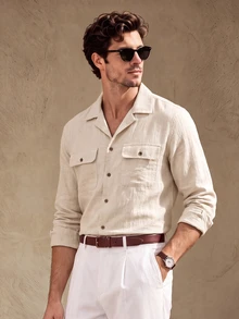 Core Aspect Men's Casual Double Pocket Single-Breasted Long Sleeve Shirt - Apricot - View 4
