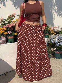 GalTyme 2件套大尺碼女款波點夏季波希米亞風絲滑海灘度假早午餐套裝，無袖背心上衣與長裙，春季音樂節狂歡穿搭 - 彩色 - 查看 6