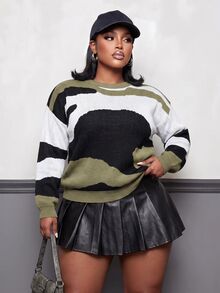 Slaydiva Plus Color Block Drop Shoulder Sweater - Multicolor - View 4