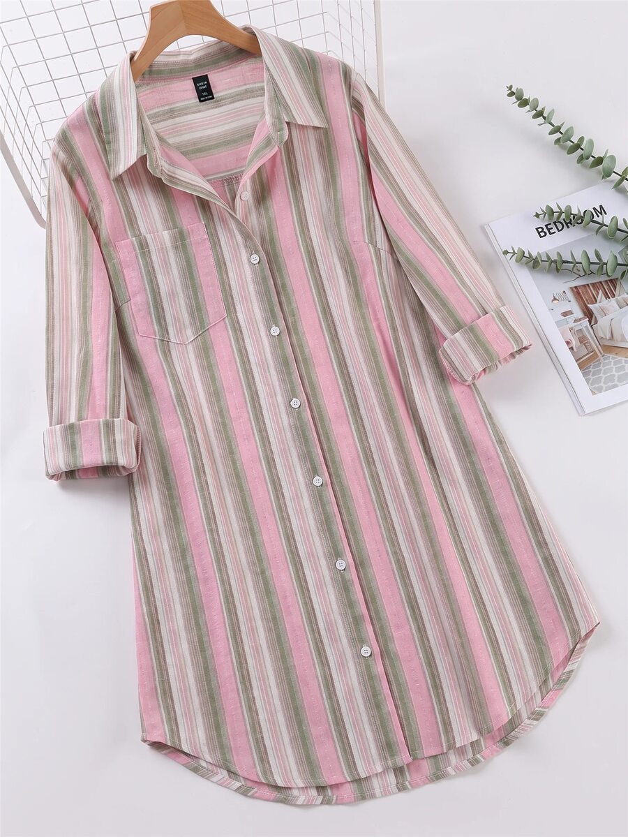 SHEIN LUNE Plus Pink Print Shirt Dress Autumn Office Vacation Casual Soft Form Fall - Pink - View 1