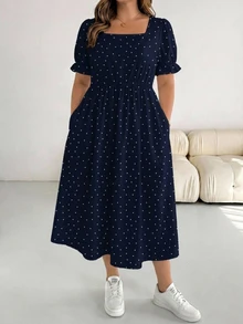 SHEIN Essnce Plus Polka Dot Print Puff Sleeve Dress - Navy Blue - View 3