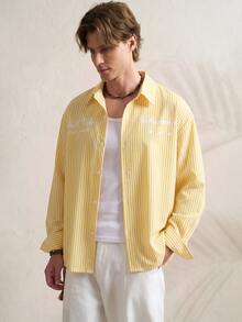 TONEVAULT Men Striped & Letter Graphic Drop Shoulder Shirt - Yellow - View 3